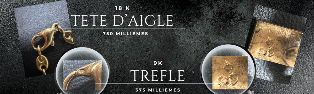 Les poinçons en or : tête d'aigle 18 karat et trefle 9 karat.